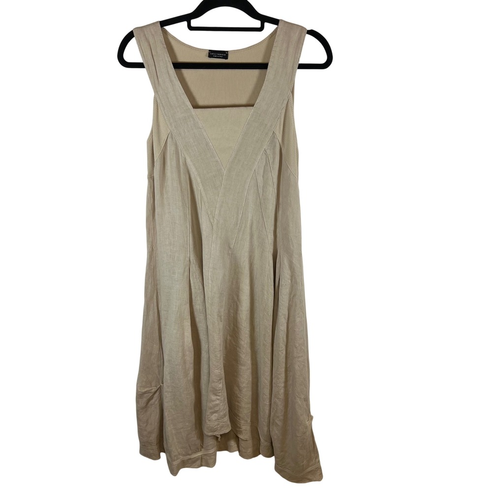 Luca Vanucci Italy Beige 100% Linen Sleeveless V-Neck Midi Dress Small Lagenlook